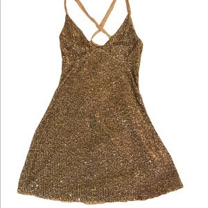 Vintage Gold Sequin Adjustable Straps Open Back V-Neck Dress